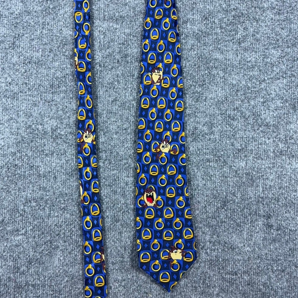 Vintage Looney Tunes Mania Taz Tasmanian Devil Silk Tie Blue Yellow Geometric